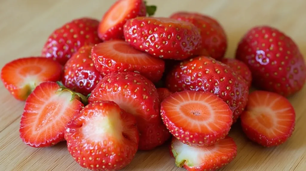 A pile of fresh red strawberries, with some cut in half, showing their juicy interior, placed on a wooden surface.