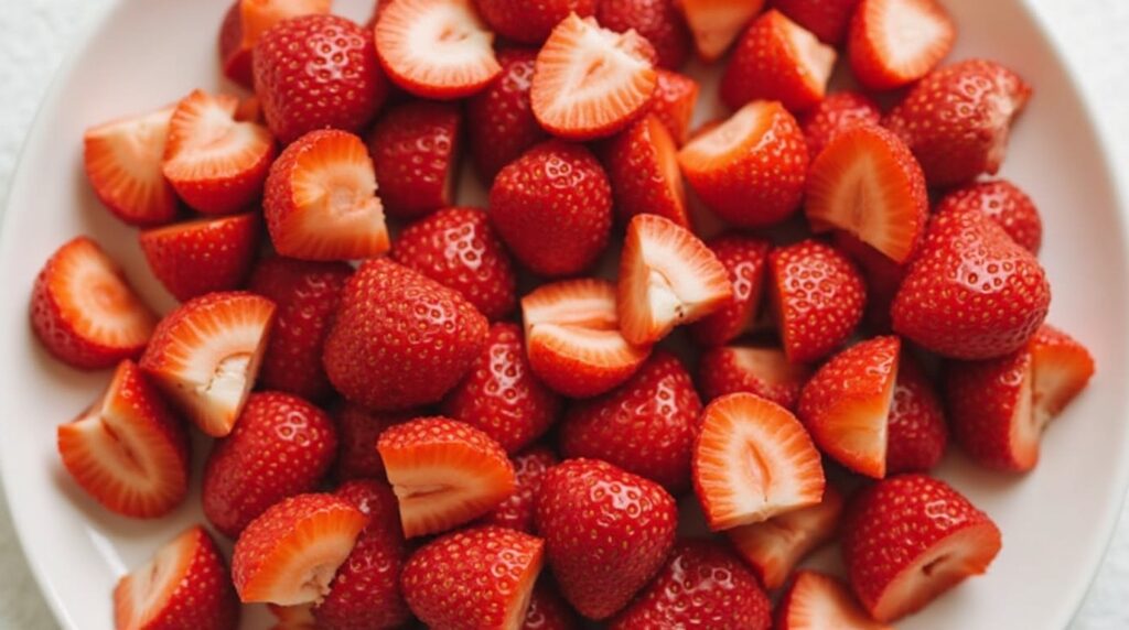 A bowl of fresh red strawberries, halved to reveal their juicy and vibrant interiors.