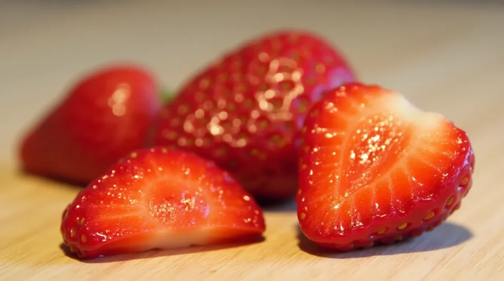 A bowl of fresh red strawberries, halved to reveal their juicy and vibrant interiors.