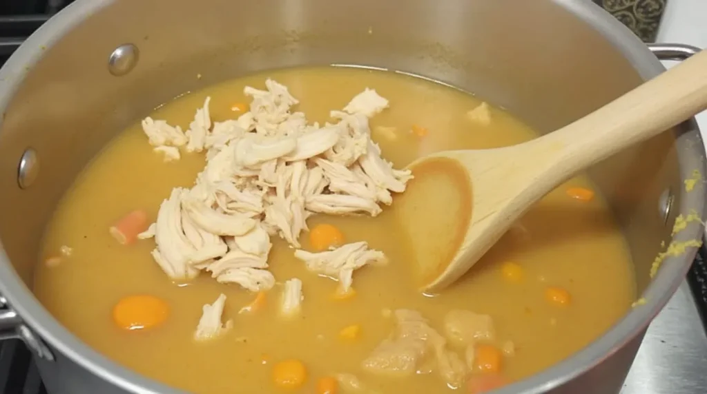 Add shredded chicken to the soup