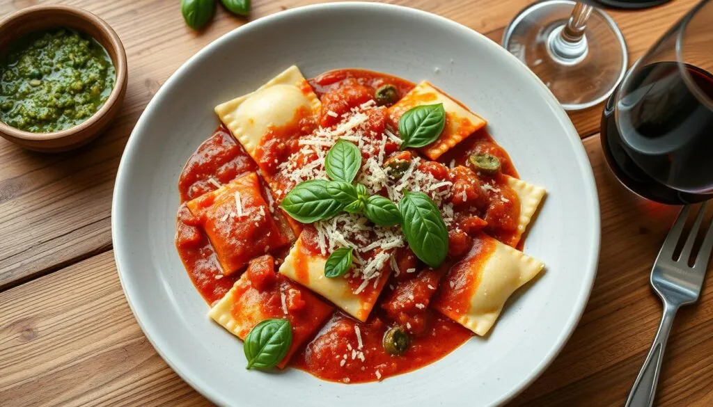 What are ravioli traditionally served with?