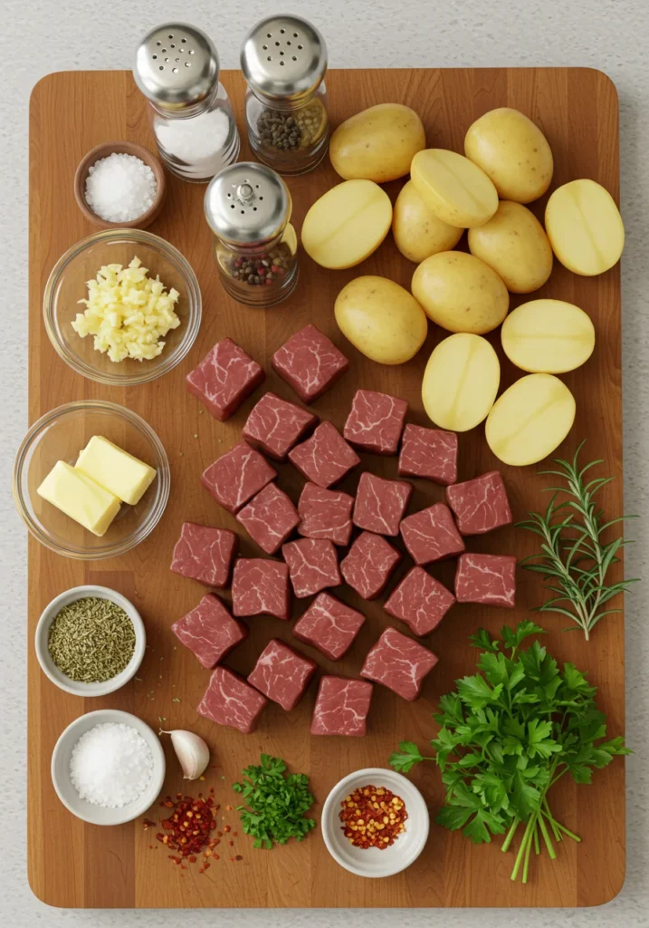 Key Ingredients for Garlic Butter Steak Bites and Potatoes