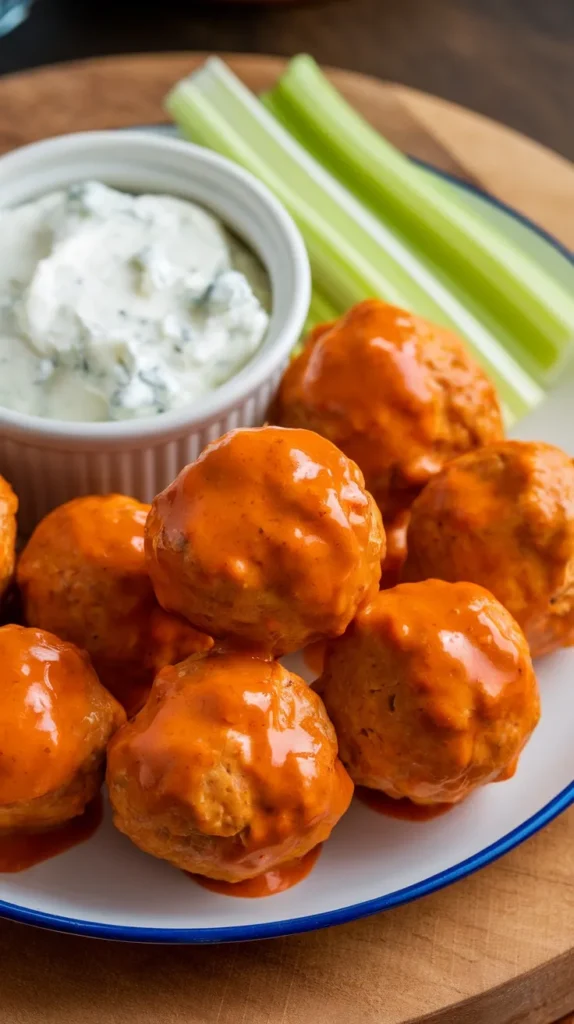 Buffalo chicken meatballs served with blue cheese dip and celery sticks.