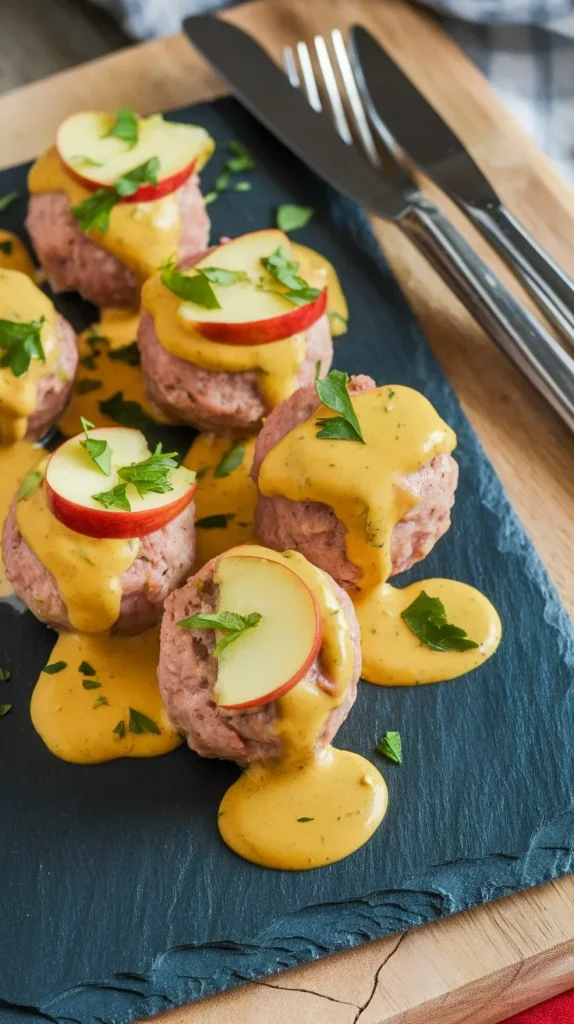 chicken and apple meatballs topped with mustard sauce and apple slices