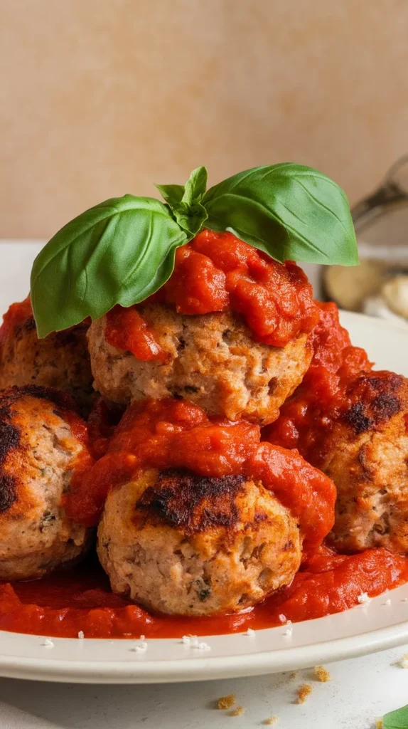 A plate of classic Italian meatballs topped with marinara sauce and basil