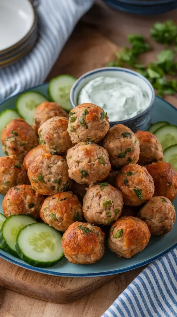 A plate of Greek meatballs served with tzatziki sauce and cucumber slices.