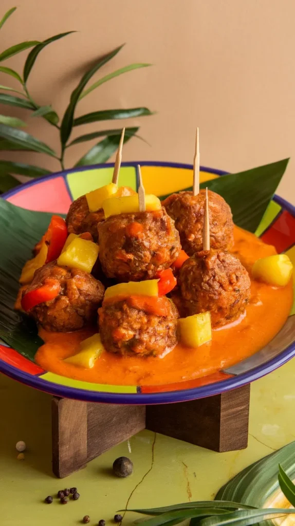 A colorful dish of meatballs in sweet and sour sauce topped with bell peppers and pineapple.