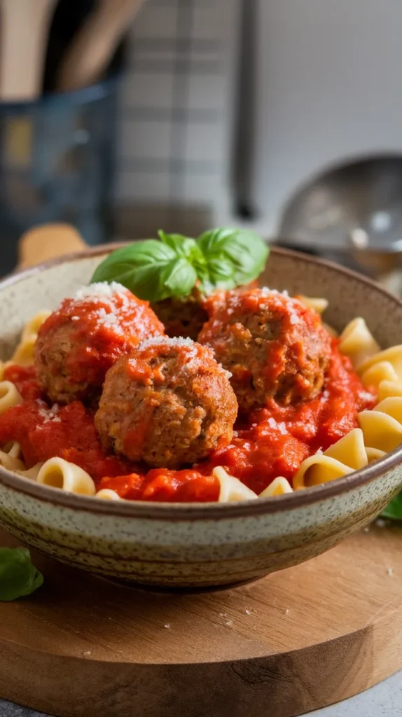 Juicy meatballs served in a rich tomato basil sauce over pasta.