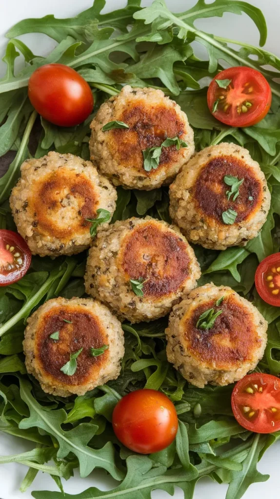 A plate of Mediterranean quinoa meatballs garnished with fresh herbs and served with cherry tomatoes.