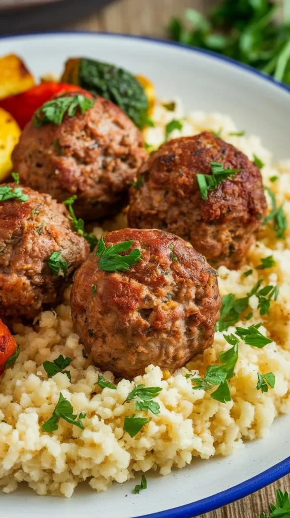 Moroccan spiced meatballs served with couscous and garnished with herbs.