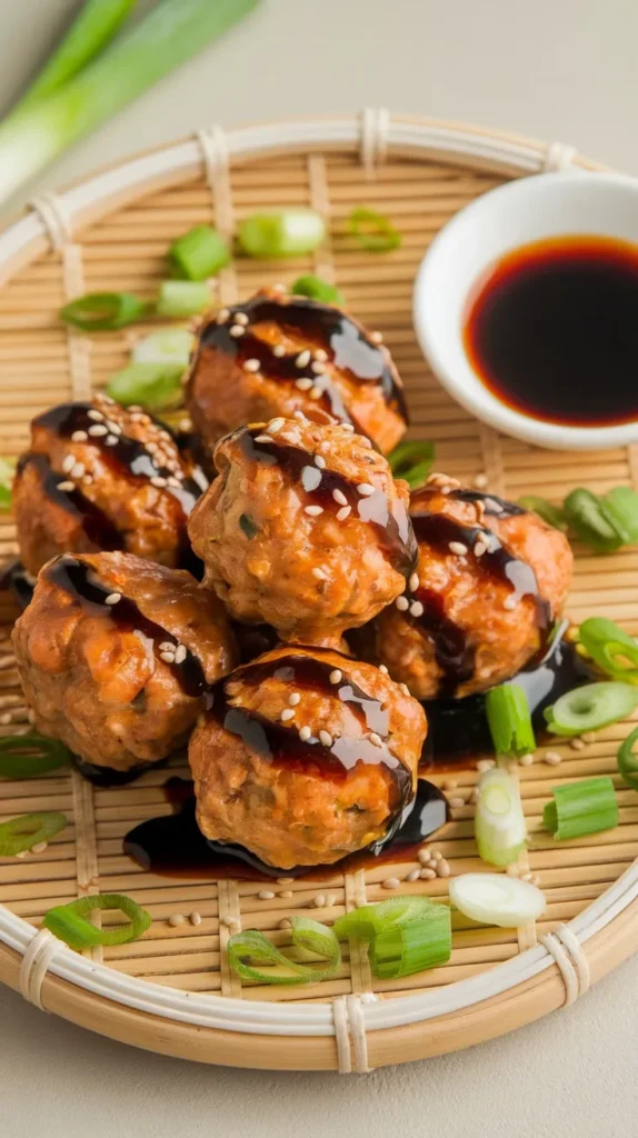 Delicious spicy Asian meatballs drizzled with soy glaze and garnished with green onions.
