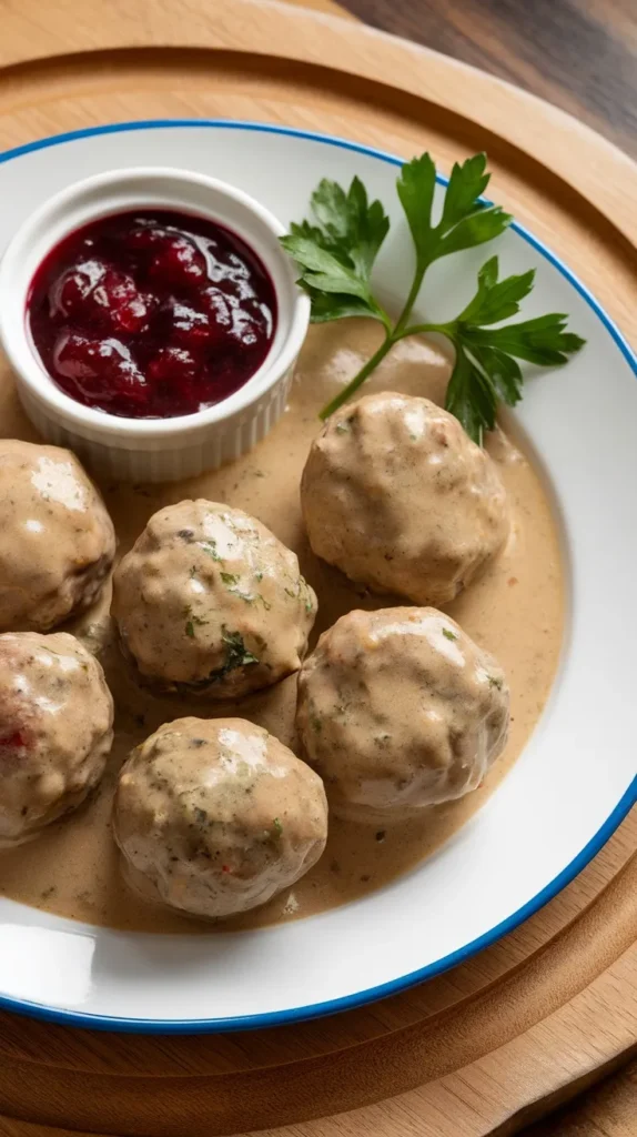 A plate of Swedish meatballs in creamy gravy with a side of lingonberry sauce.