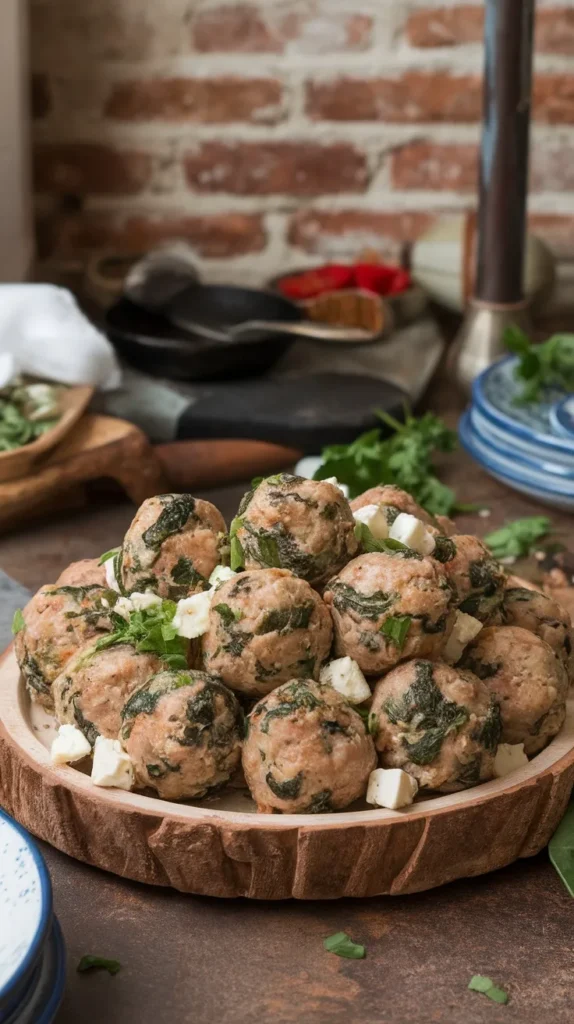 Plate of turkey meatballs with spinach and feta served on a wooden board
