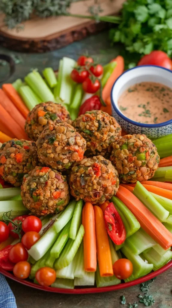 Plate of vegetable lentil meatballs surrounded by fresh vegetables