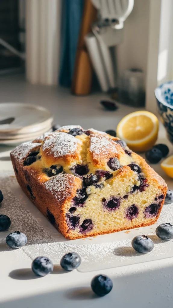 A freshly baked blueberry lemon loaf with a light dusting of powdered sugar.
