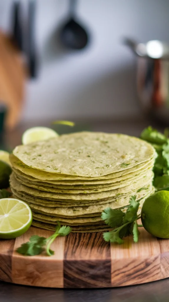 Freshly made cilantro lime tortillas stacked on a wooden board with lime and cilantro garnishes.