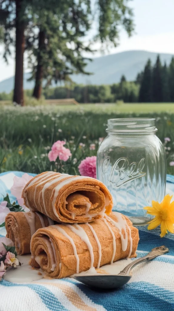 Cinnamon peach roll-ups served with icing, presented on a picnic blanket.