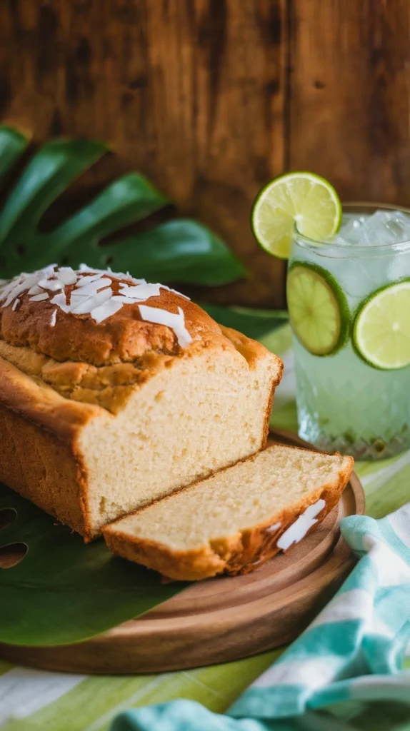 Loaf of coconut lime bread on a wooden plate with slices cut and a refreshing drink on the side