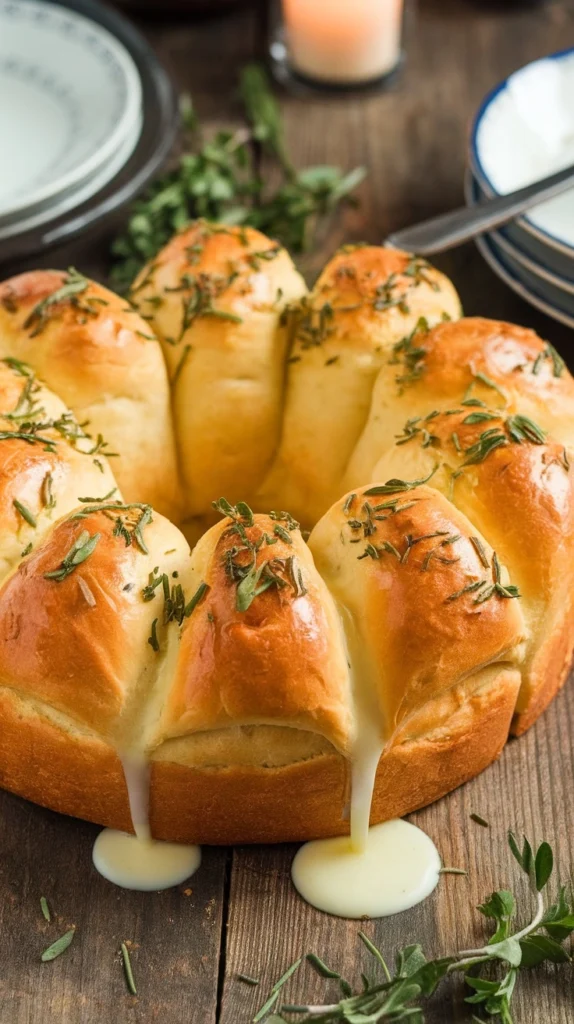 A freshly baked garlic herb pull-apart bread, golden brown with a sprinkling of herbs on top, dripping with melted butter.