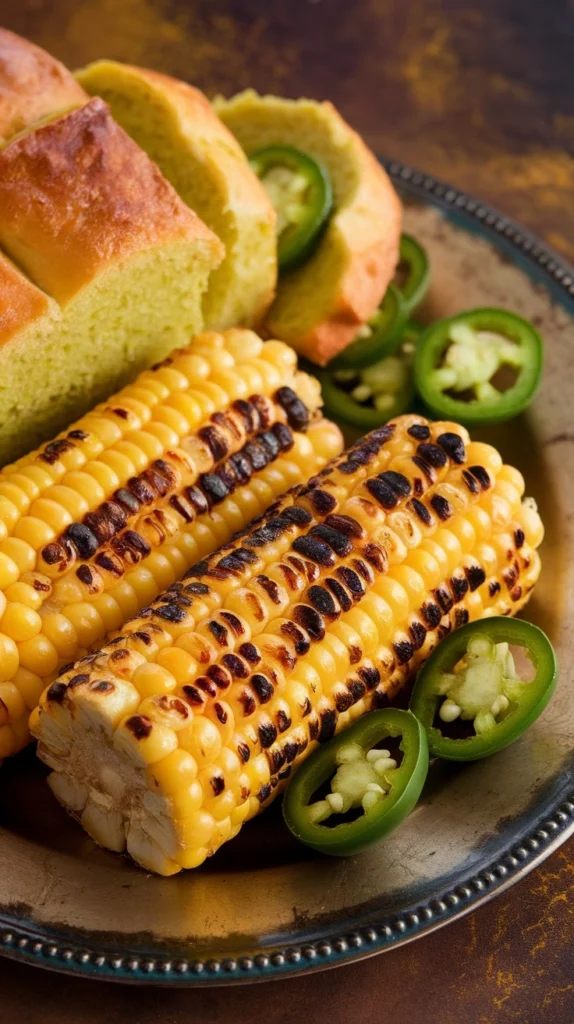 A delicious loaf of grilled corn and jalapeño bread served with grilled corn on the cob and jalapeño slices.