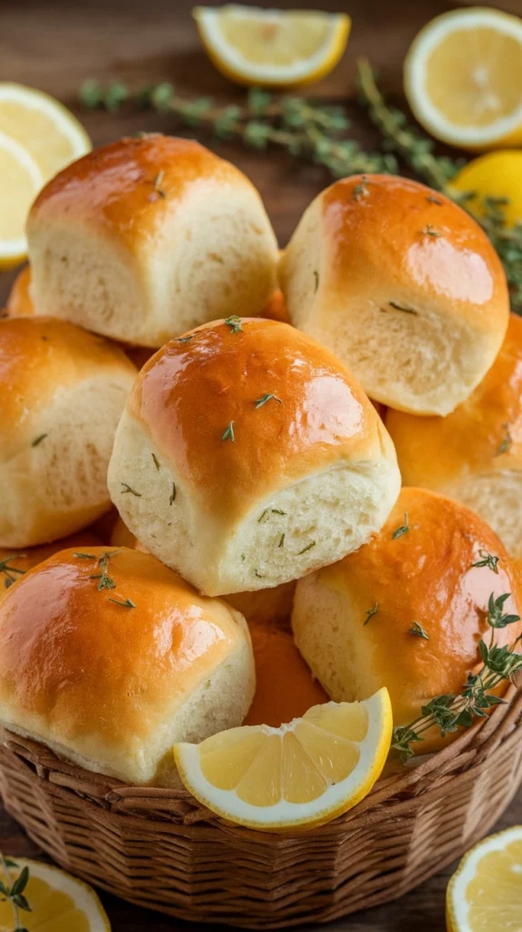 Fluffy Lemon Thyme Dinner Rolls in a basket with lemon slices and thyme sprigs