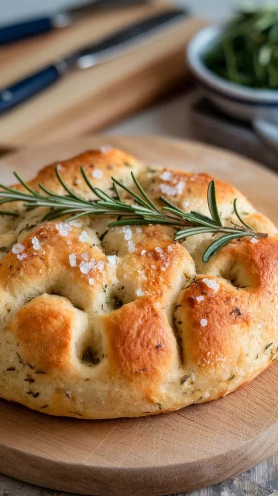 A golden brown loaf of herb focaccia topped with fresh rosemary and sea salt