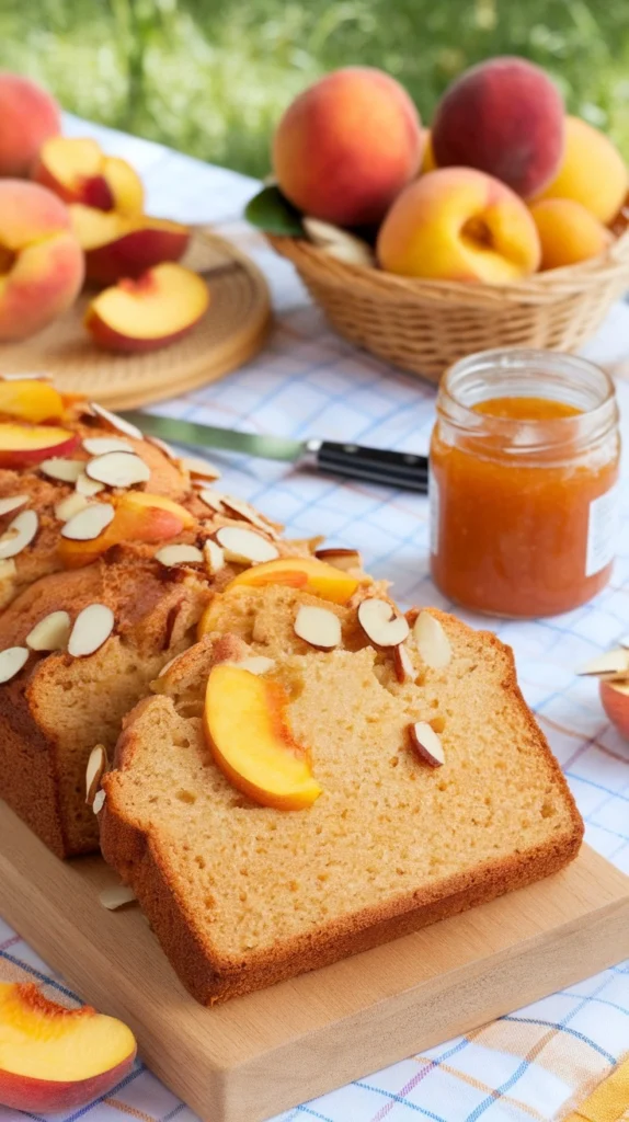 A loaf of peach and almond quick bread sliced, garnished with peach slices and almond slivers, on a wooden board.