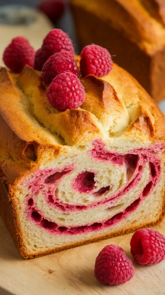 Raspberry Swirl Sweet Bread with fresh raspberries on top