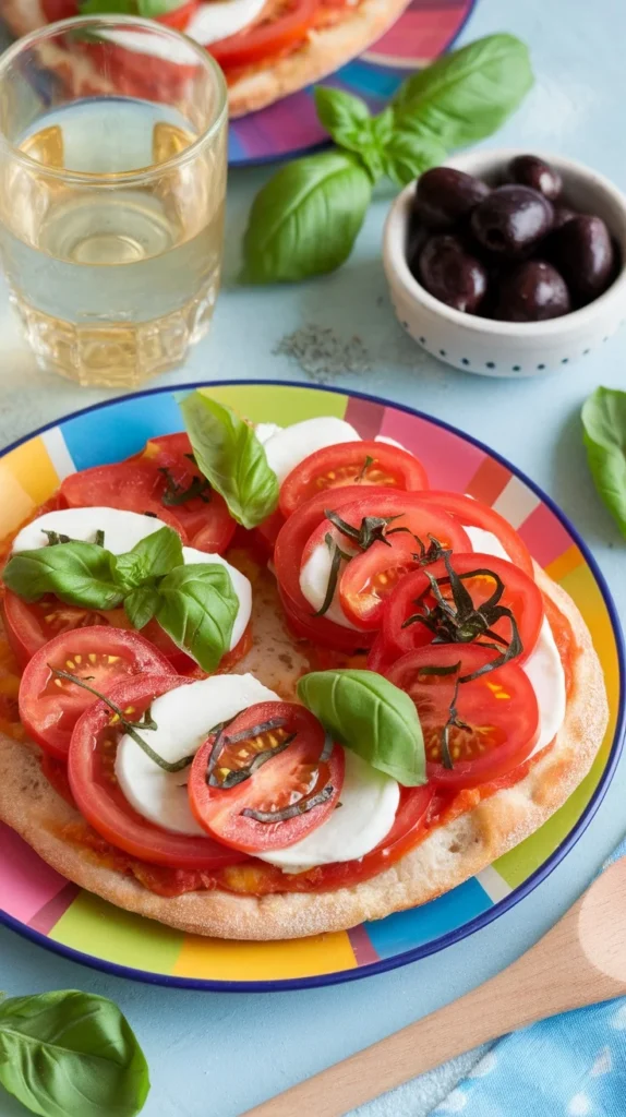 A colorful platter featuring tomato basil flatbread with fresh ingredients.