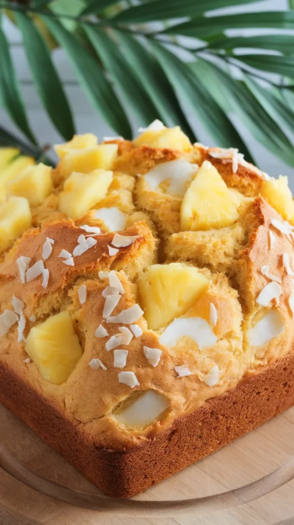 A loaf of tropical fruit soda bread topped with pineapple and coconut.