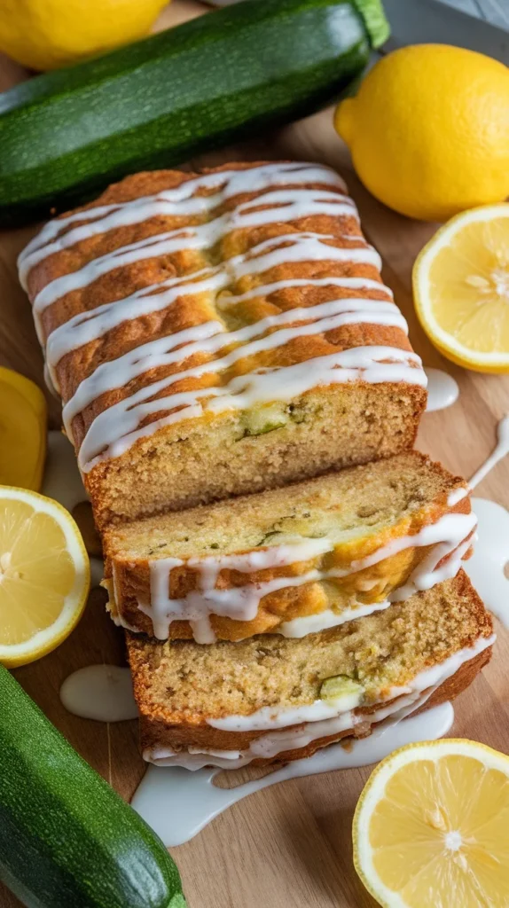 A loaf of zucchini bread drizzled with lemon glaze, surrounded by fresh zucchini and lemons.