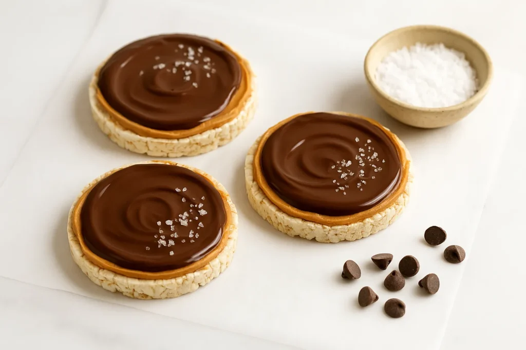 Three peanut butter chocolate rice cakes topped with flaky sea salt and chopped nuts on a marble surface.