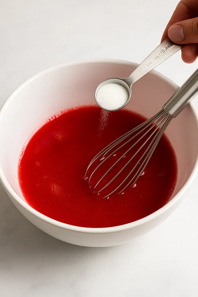 Close-up of a white mixing bowl with red gelatin mixture as sugar is poured from a measuring spoon.