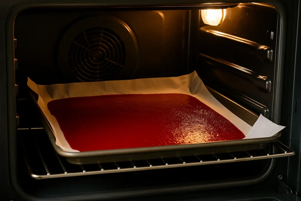 Red fruit roll-up mixture baking on a parchment-lined sheet inside an oven.