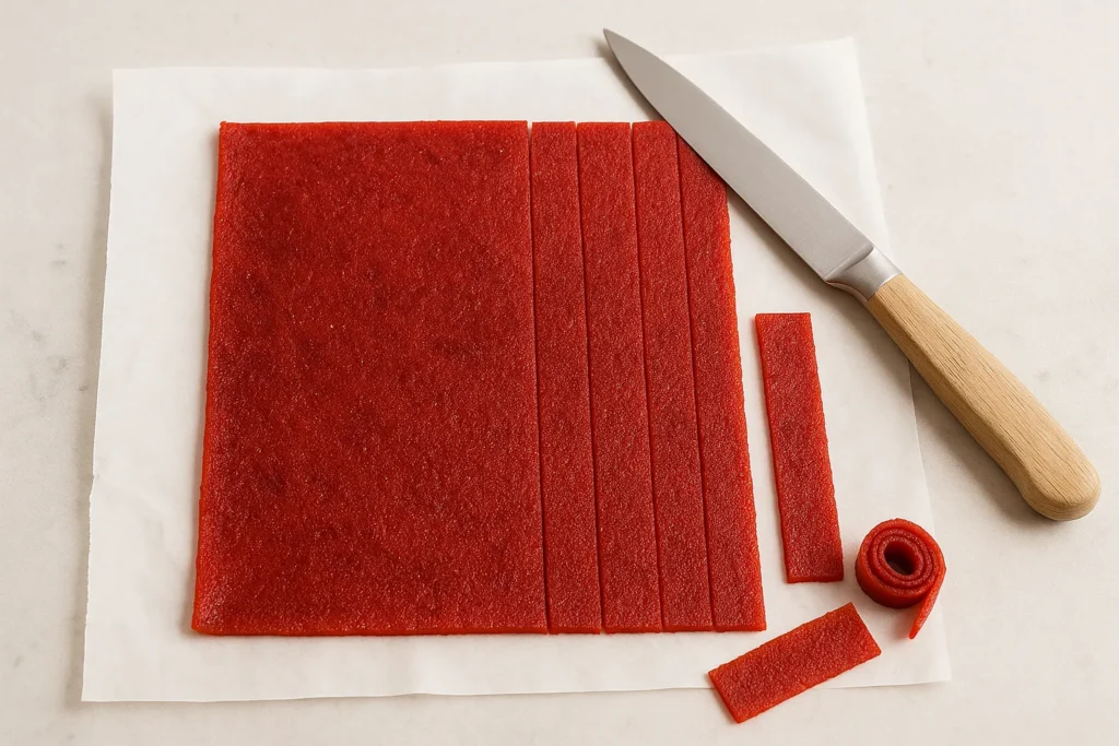 Rectangular sheet of red fruit leather cut into strips with a knife on parchment paper.