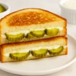 Golden grilled cheese sandwich stuffed with dill pickles and melted cheese, sliced in half and stacked on a white plate with extra pickles on the side.