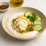A creamy swirled dry yogurt bowl topped with cucumber slices, chopped walnuts, za’atar, olive oil, and mint leaves on a marble countertop