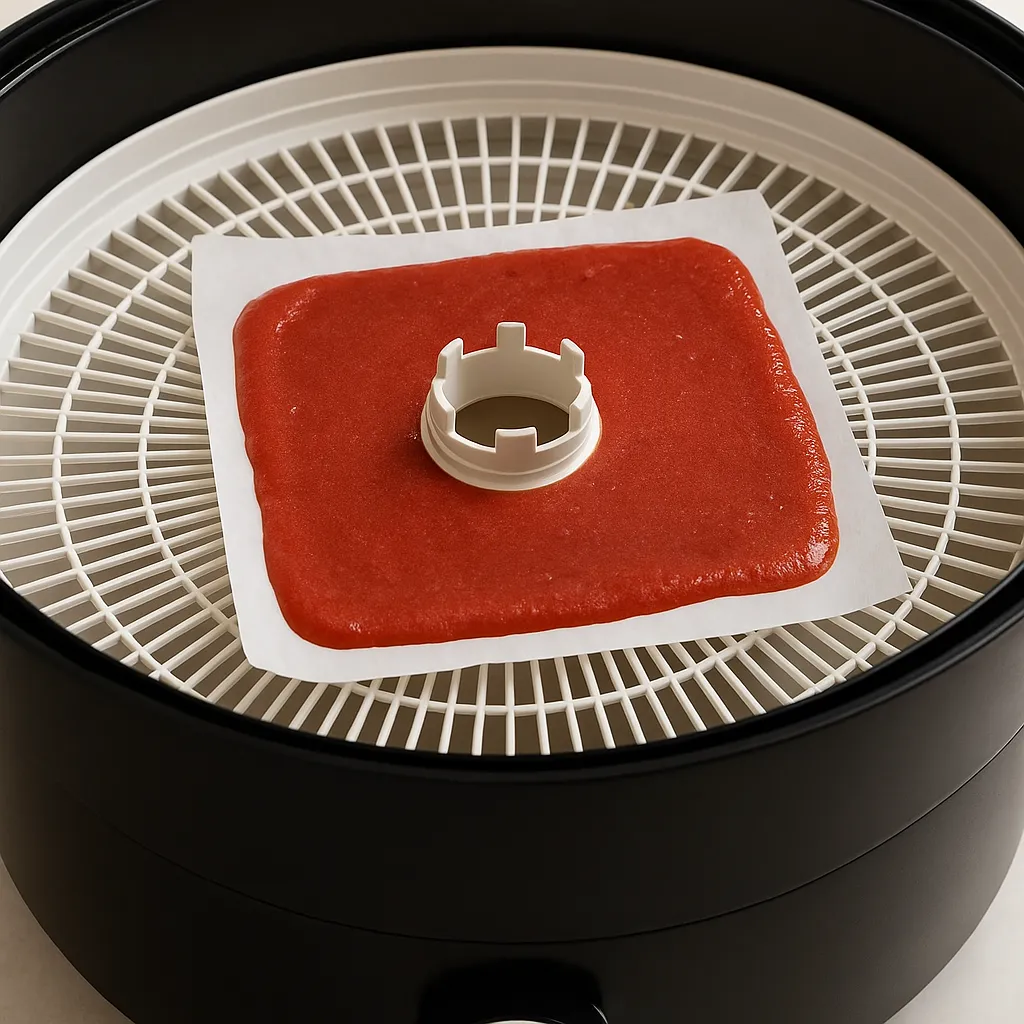 Red fruit puree drying on a parchment-lined tray inside a food dehydrator.