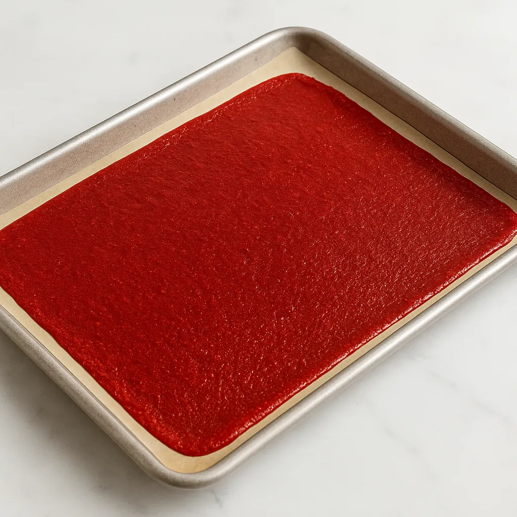 Red fruit leather mixture drying on a parchment-lined baking sheet.
