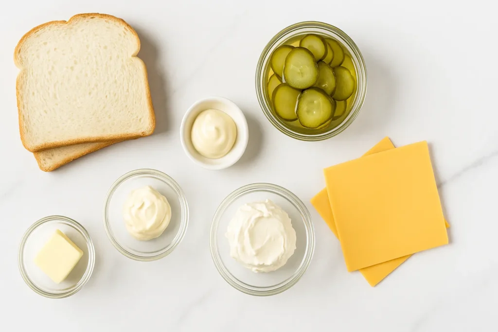 Top-down view of pickle bread sandwich ingredients including sliced bread, dill pickles, cheese slices, cream cheese, butter, and mustard arranged on a marble countertop.