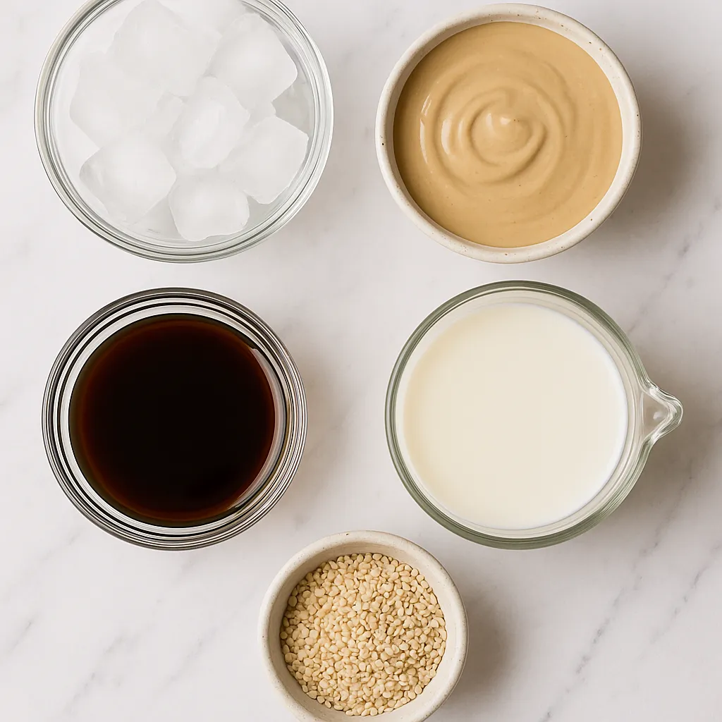 Flat lay of tahini iced latte ingredients including cold brew coffee, tahini paste, maple syrup, cinnamon, and ice cubes on a marble background.