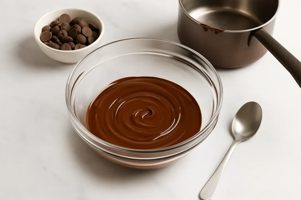 Glass bowl filled with smooth, melted chocolate on a marble countertop, surrounded by chocolate chips, a saucepan, and a spoon.