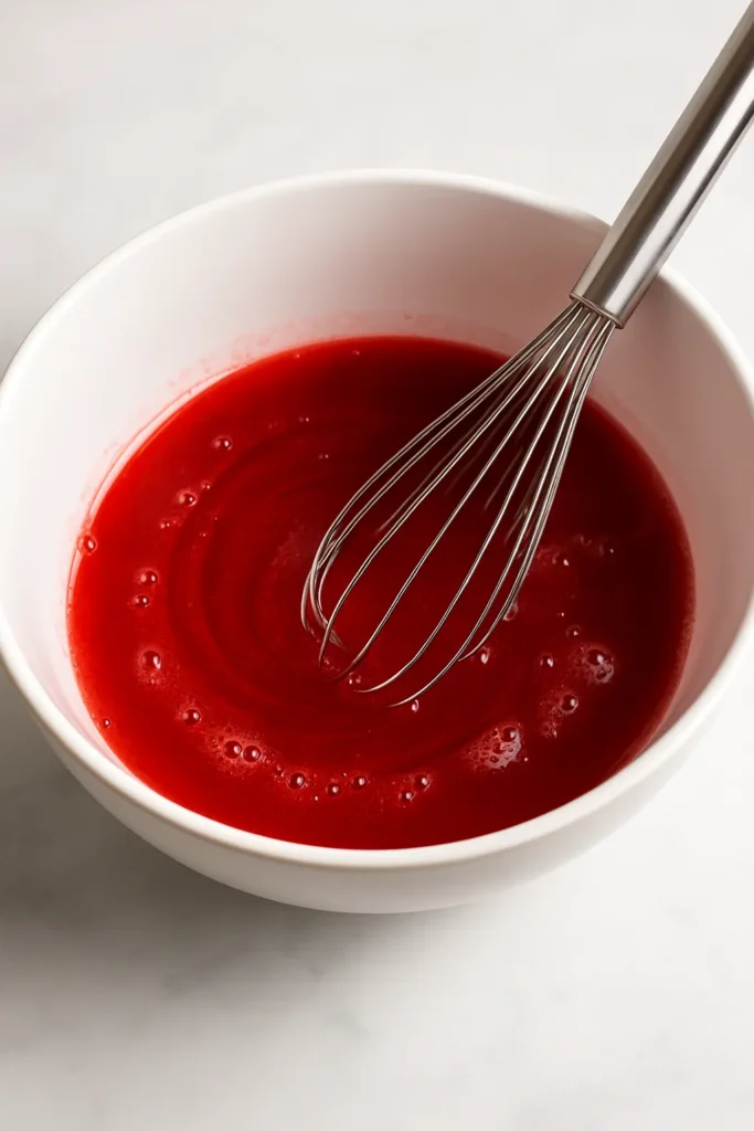 Close-up of a white ceramic bowl filled with glossy red gelatin mixture being whisked.