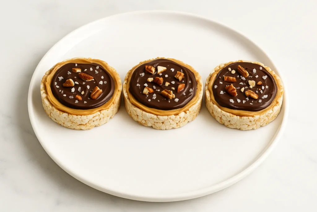 Three peanut butter chocolate rice cakes stacked and served on a white plate with sea salt garnish.