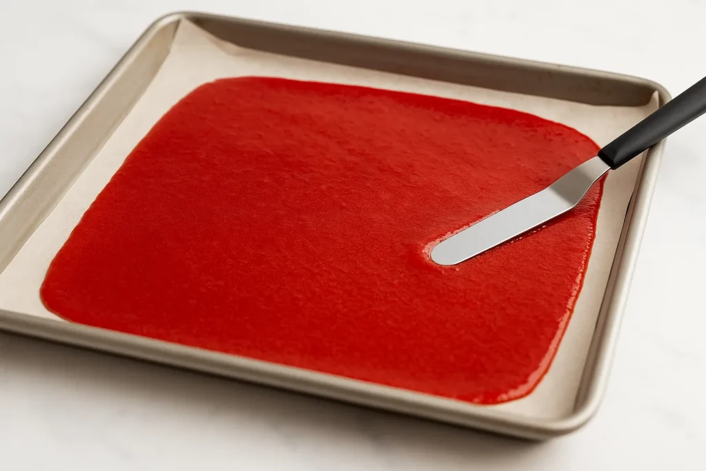 Red fruit roll-up mixture being evenly spread on parchment-lined baking sheet with an offset spatula.