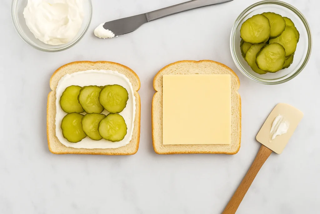 Open-faced sandwich with cream cheese spread on one slice of bread, topped with cheddar cheese slices and dill pickles, on a marble surface.