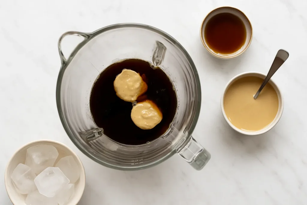 Overhead view of a blender containing coffee, dollops of tahini, and maple syrup, with bowls of tahini, syrup, and ice cubes on a marble surface