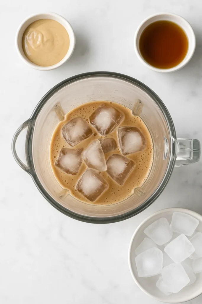 Overhead view of a blender containing tahini coffee and large ice cubes, surrounded by small bowls of tahini, maple syrup, and extra ice