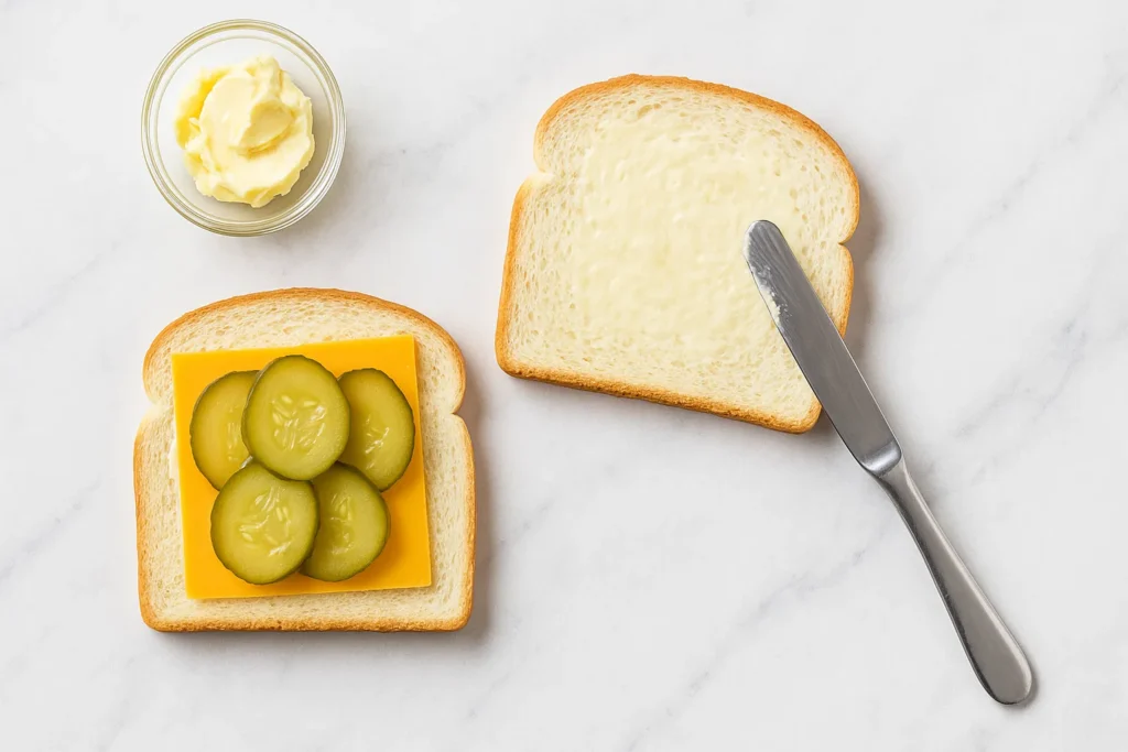Butter being spread on the outside of a sandwich filled with cheese and pickles, resting on a marble countertop before grilling.