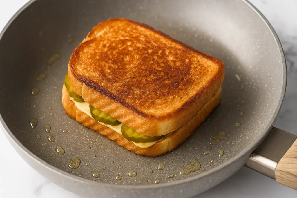 Golden grilled cheese sandwich filled with pickles and melted cheddar sizzling in a non-stick skillet with oil drops on a marble countertop.